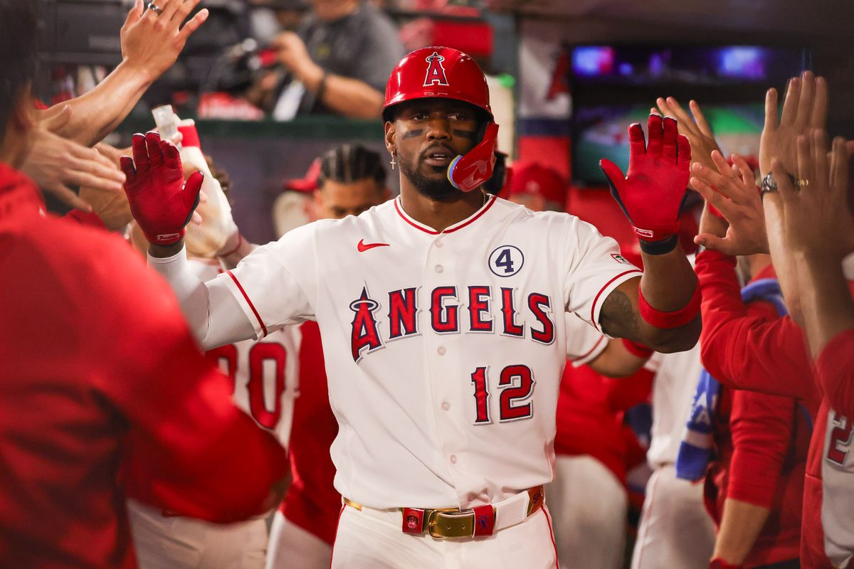 Los Angeles Angels designated hitter Jorge Soler (12) celebrates in the dugout during the MLB game against the Colorado Rockies Tuesday June 2nd, 2026 at Angel's Stadium in Anaheim, Calif.