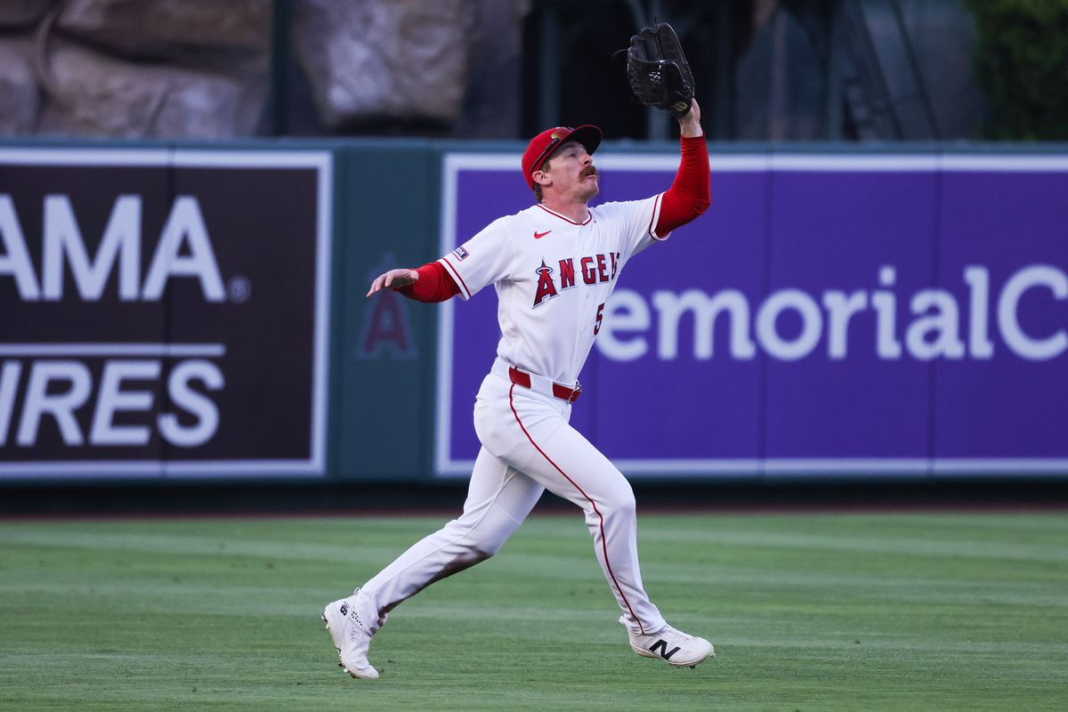Los Angeles Angels outfielder Wade Meckler (53) catches the ball during the MLB game against the Colorado Rockies Tuesday June 3rd, 2026 at Angel's Stadium in Anaheim, Calif.