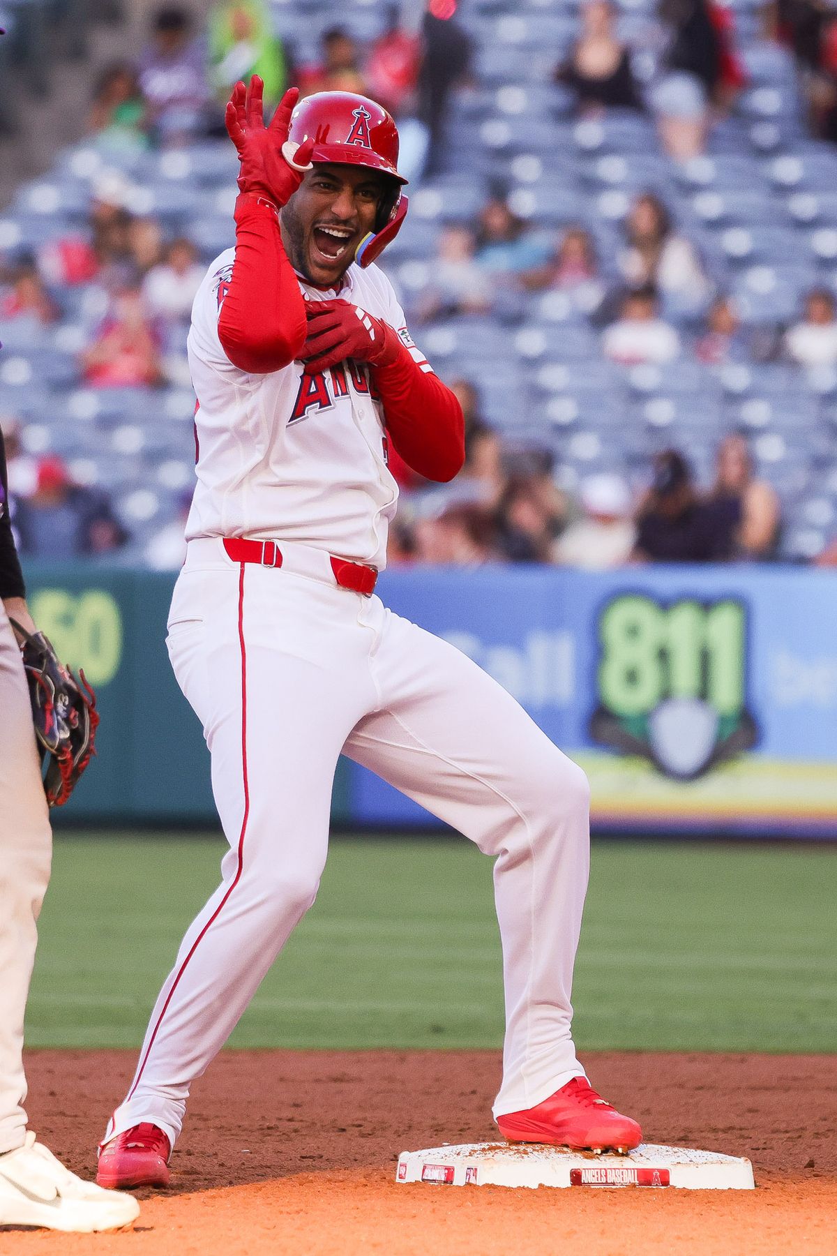Los Angeles Angels outfielder Jose Siri (28) celebrates during the MLB game against the Colorado Rockies Tuesday June 3rd, 2026 at Angel's Stadium in Anaheim, Calif.