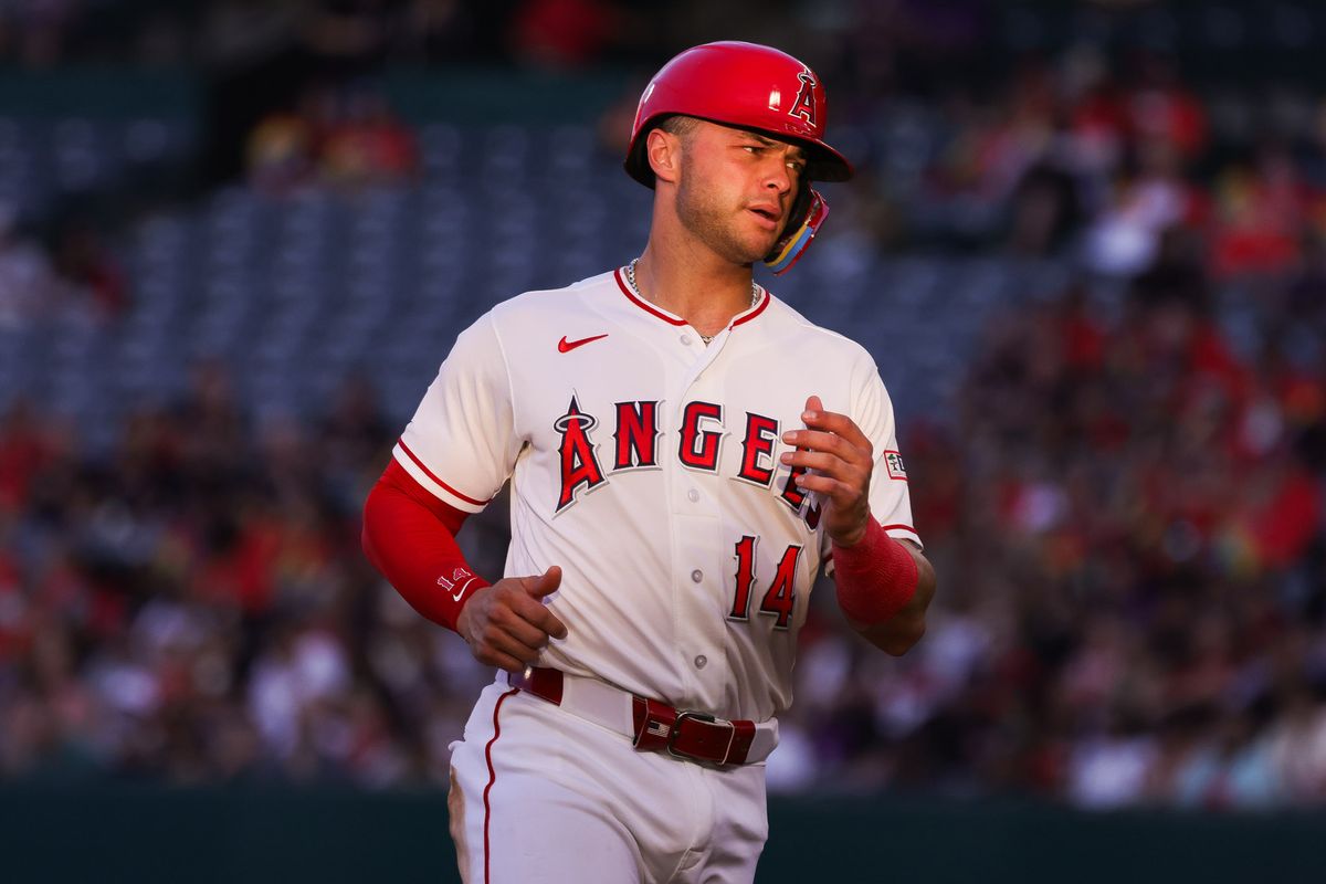 Los Angeles Angels catcher Logan O'Hoppe (14) runs during the MLB game against the Colorado Rockies Tuesday June 3rd, 2026 at Angel's Stadium in Anaheim, Calif.