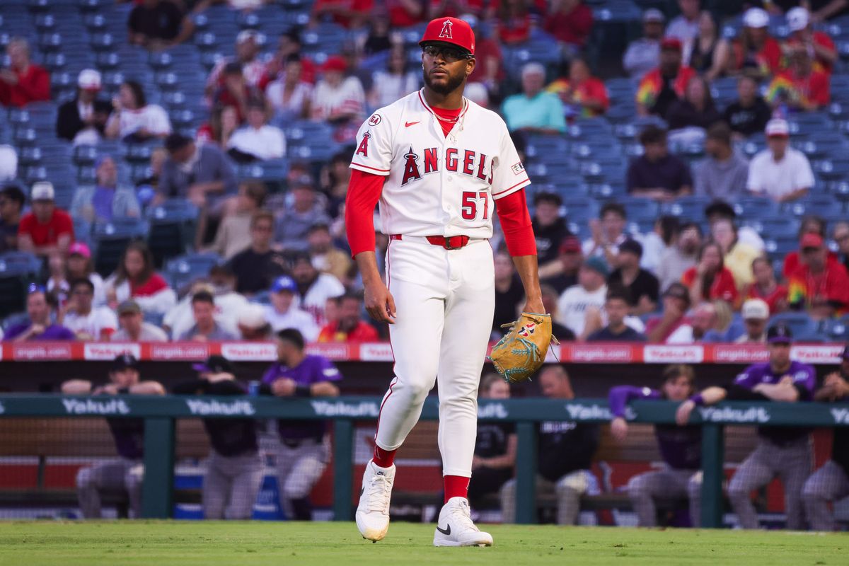 Los Angeles Angels right-handed pitcher Walbert Ureña (57) walks off of the mound during the MLB game against the Colorado Rockies Tuesday June 3rd, 2026 at Angel's Stadium in Anaheim, Calif.