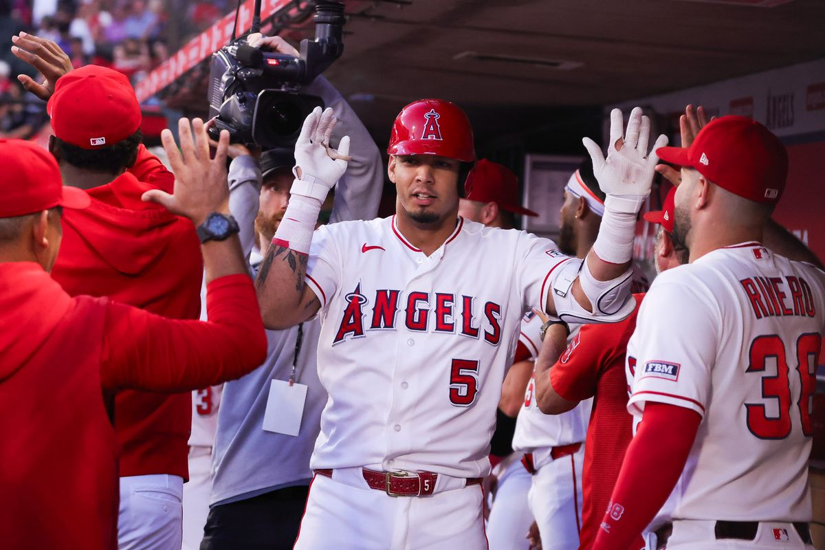Los Angeles Angels infielder Vaughn Grissom (5) celebrates after hitting a home run during the MLB game against the Colorado Rockies Tuesday June 3rd, 2026 at Angel's Stadium in Anaheim, Calif.