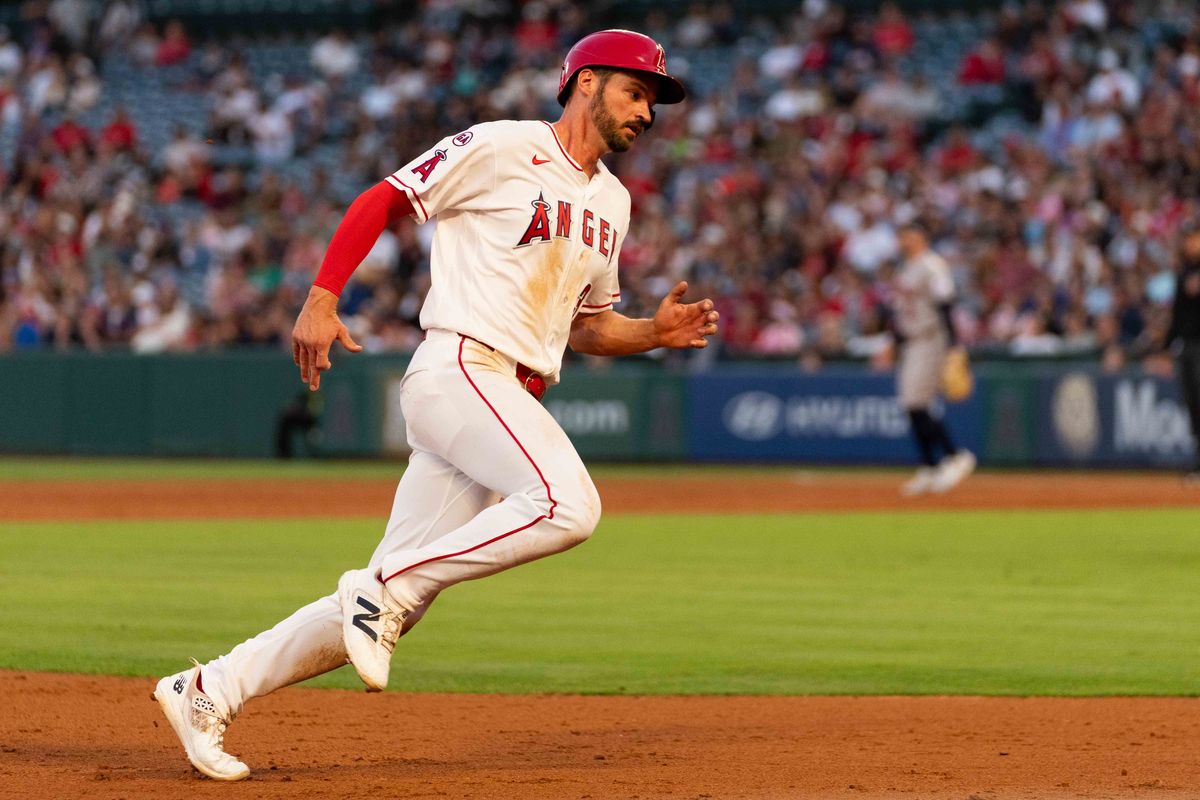 Los Angeles Angels infielder Trey Mancini (34) runs during the MLB game against the Houston Astros Monday June 8th, 2026 at Angel's Stadium in Anaheim, Calif. Los Angeles Angels infielder Trey Mancini (34) runs during the MLB game against the Houston Astros Monday June 8th, 2026 at Angel's Stadium in Anaheim, Calif.