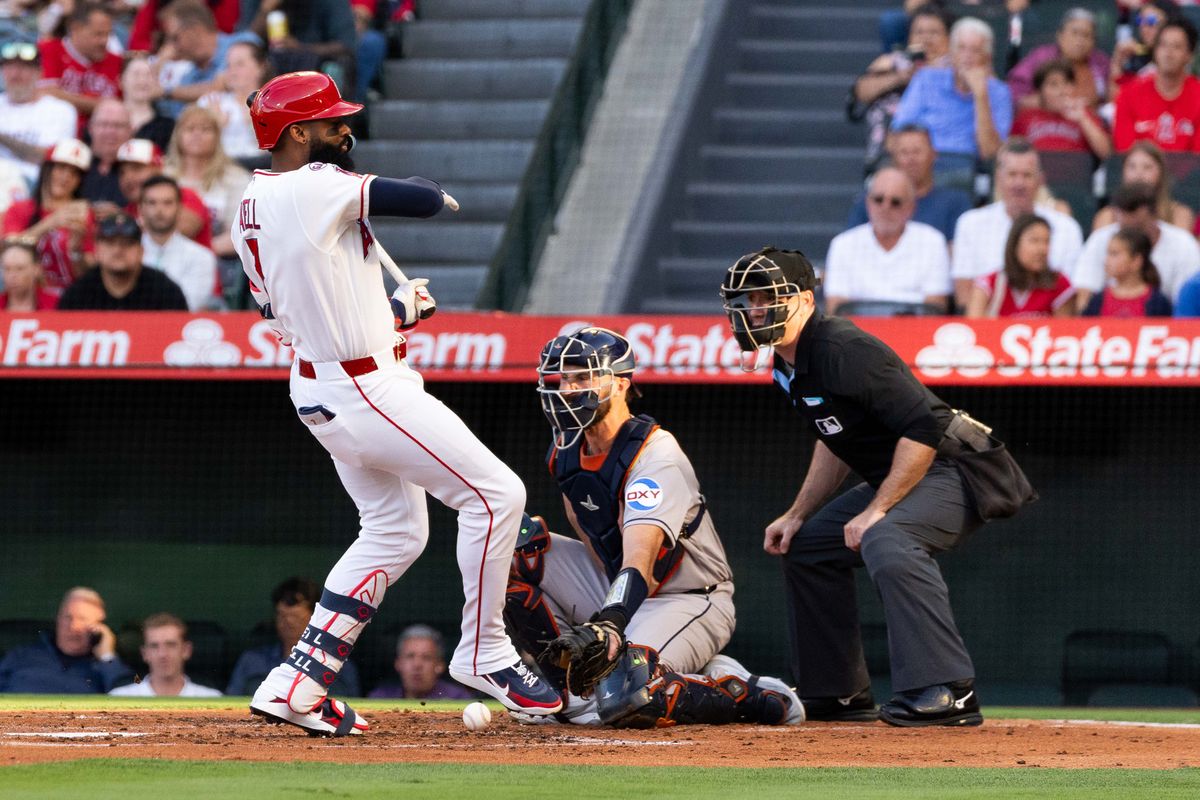 Los Angeles Angels outfielder Jo Adell (7) gets hit by a pitch during the MLB game against the Houston Astros Monday June 8th, 2026 at Angel's Stadium in Anaheim, Calif. Los Angeles Angels outfielder Jo Adell (7) gets hit by a pitch during the MLB game against the Houston Astros Monday June 8th, 2026 at Angel's Stadium in Anaheim, Calif.