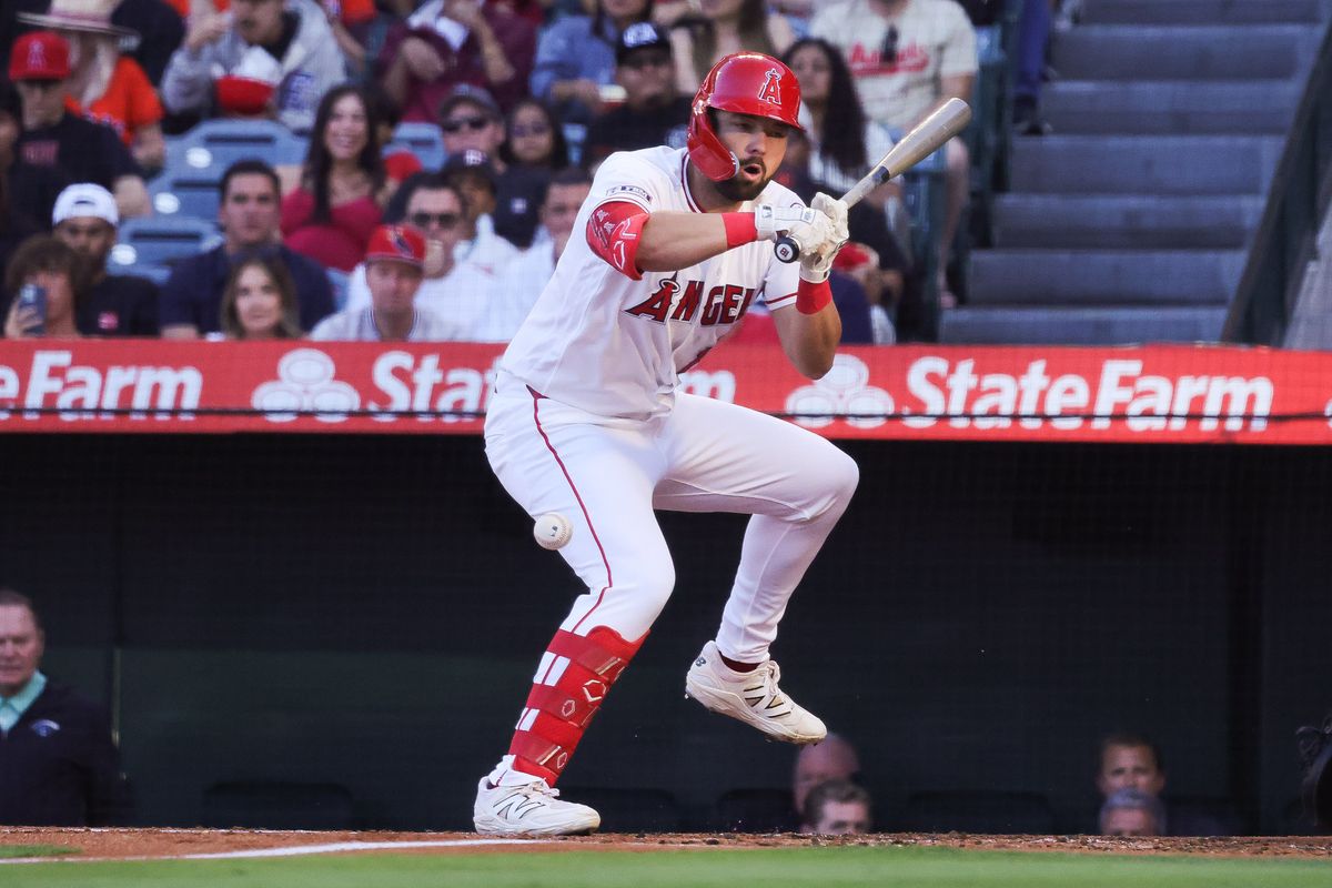 Los Angeles Angels infielder Nolan Schanuel (18) gets hit by a ball during the MLB game against the Houston Astros Tuesday June 9th, 2026 at Angel's Stadium in Anaheim, Calif. Los Angeles Angels infielder Nolan Schanuel (18) gets hit by a ball during the MLB game against the Houston Astros Tuesday June 9th, 2026 at Angel's Stadium in Anaheim, Calif.