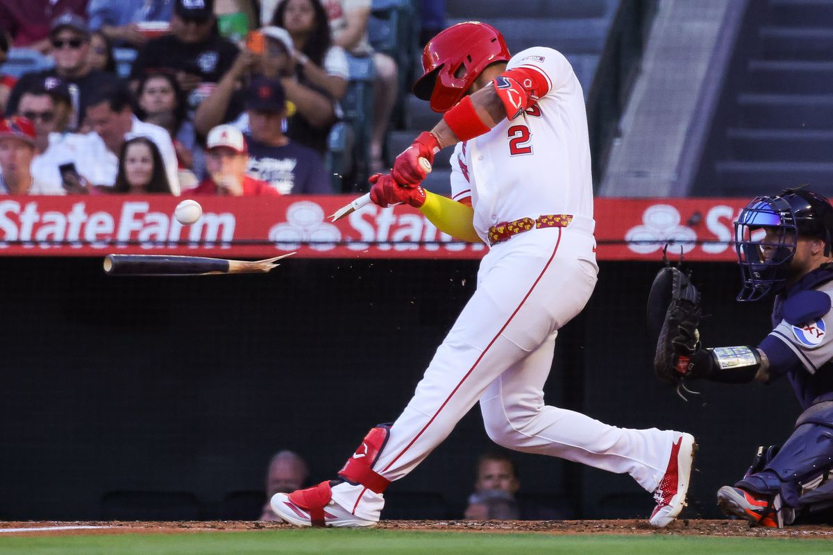 Los Angeles Angels infielder Oswald Peraza (2) breaks his bat during the MLB game against the Houston Astros Tuesday June 9th, 2026 at Angel's Stadium in Anaheim, Calif. Los Angeles Angels infielder Oswald Peraza (2) breaks his bat during the MLB game against the Houston Astros Tuesday June 9th, 2026 at Angel's Stadium in Anaheim, Calif.