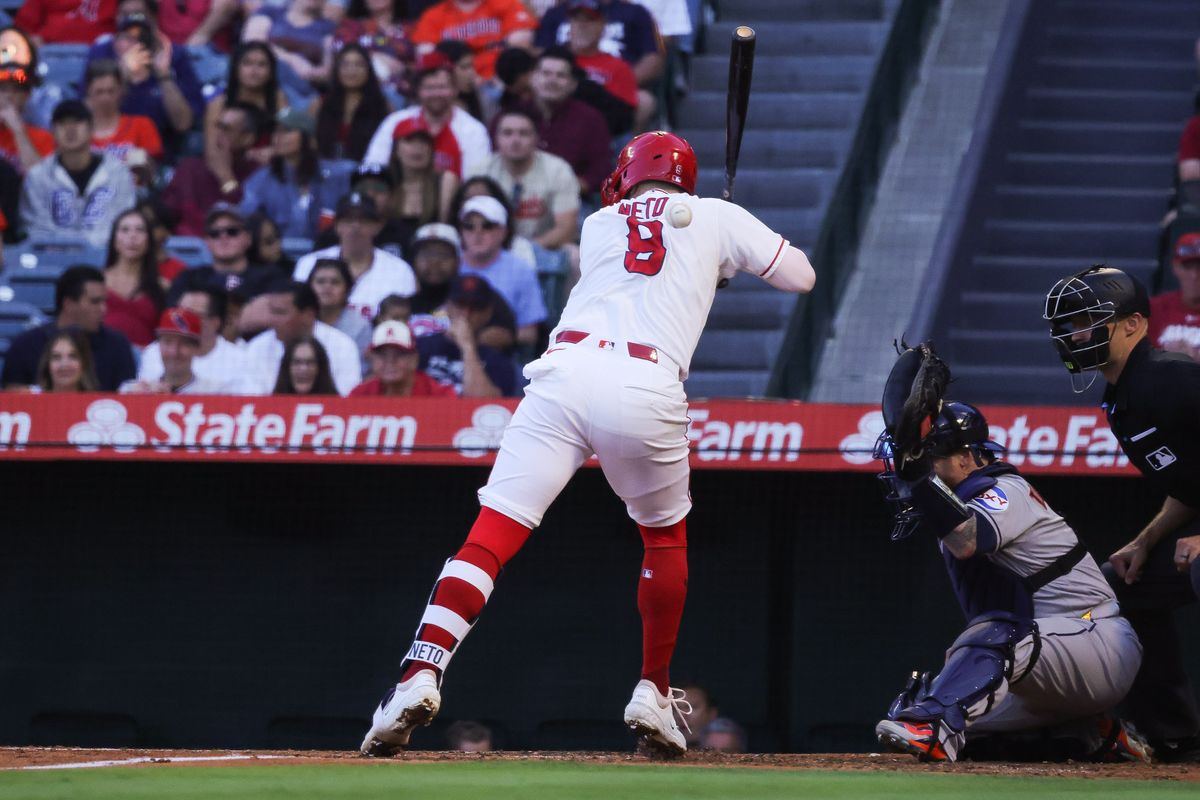 Los Angeles Angels infielder Zach Neto (9) gets hit by a ball during the MLB game against the Houston Astros Tuesday June 9th, 2026 at Angel's Stadium in Anaheim, Calif. Los Angeles Angels infielder Zach Neto (9) gets hit by a ball during the MLB game against the Houston Astros Tuesday June 9th, 2026 at Angel's Stadium in Anaheim, Calif.
