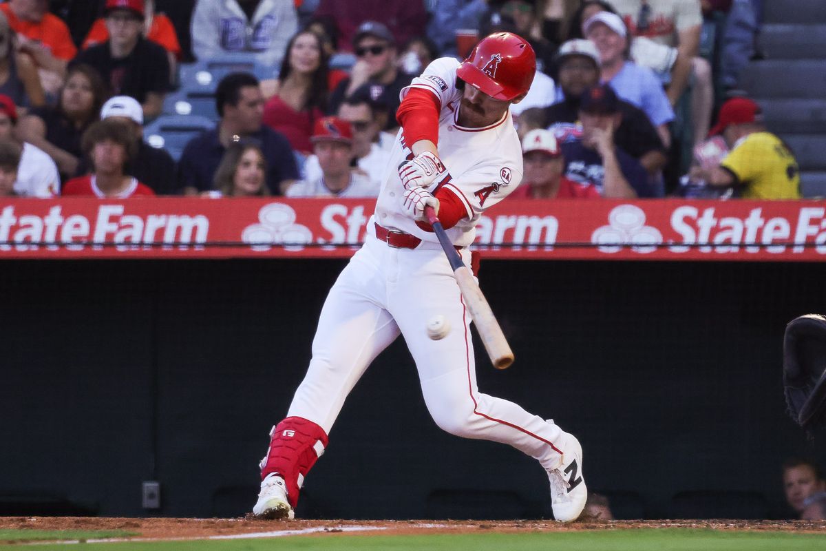 Los Angeles Angels outfielder Wade Meckler (53) hits the ball during the MLB game against the Houston Astros Tuesday June 9th, 2026 at Angel's Stadium in Anaheim, Calif. Los Angeles Angels outfielder Wade Meckler (53) hits the ball during the MLB game against the Houston Astros Tuesday June 9th, 2026 at Angel's Stadium in Anaheim, Calif.