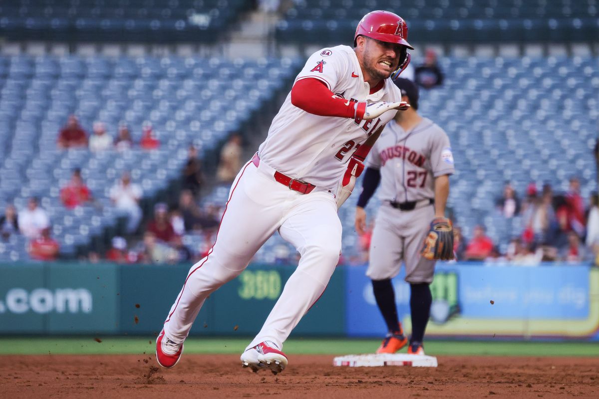 Los Angeles Angels outfielder Mike Trout (27) runs during the MLB game against the Houston Astros Tuesday June 9th, 2026 at Angel's Stadium in Anaheim, Calif. Los Angeles Angels outfielder Mike Trout (27) runs during the MLB game against the Houston Astros Tuesday June 9th, 2026 at Angel's Stadium in Anaheim, Calif.