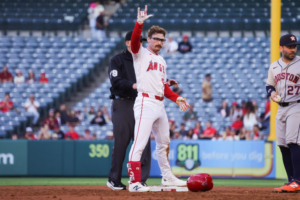 Los Angeles Angels outfielder Wade Meckler (53) celebrates during the MLB game against the Houston Astros Tuesday June 9th, 2026 at Angel's Stadium in Anaheim, Calif. Los Angeles Angels outfielder Wade Meckler (53) celebrates during the MLB game against the Houston Astros Tuesday June 9th, 2026 at Angel's Stadium in Anaheim, Calif.