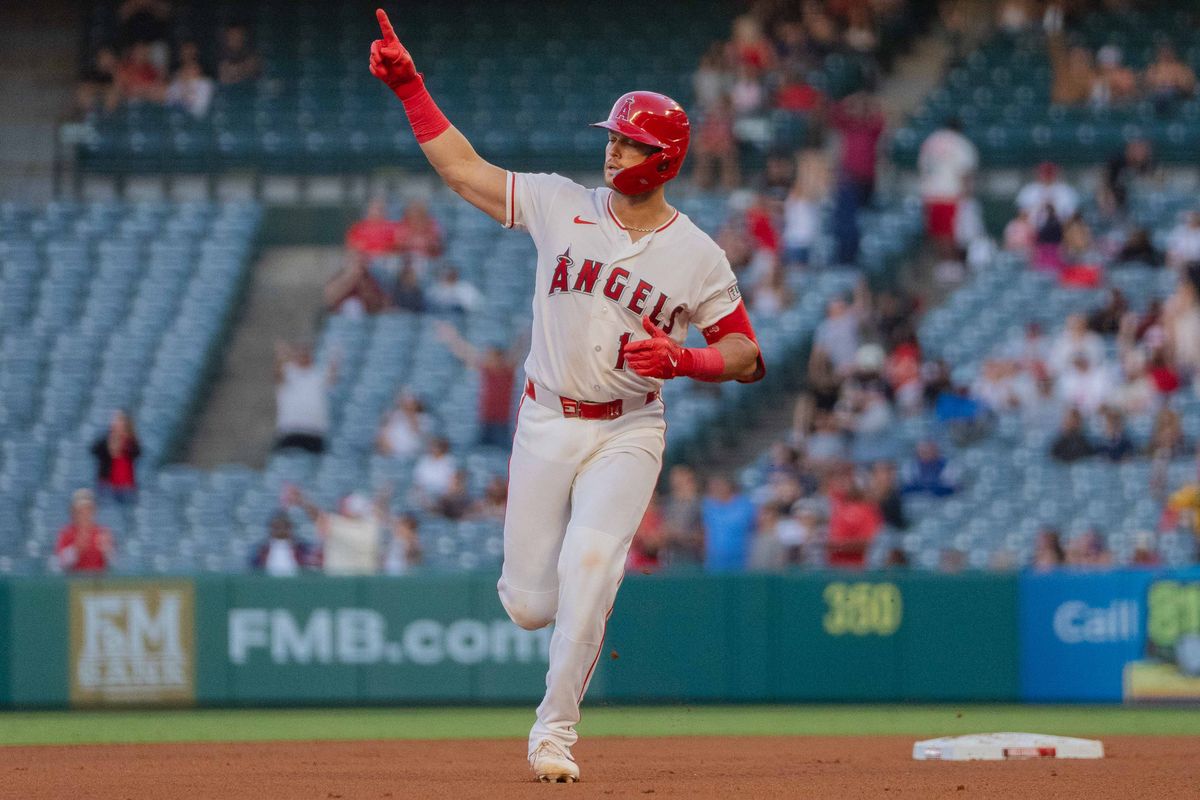 Los Angeles Angels catcher Logan O’Hoppe (14) celebrates a home-run during the MLB game against the Houston Astros  on Wednesday  June 10th, 2026 at Angel's Stadium in Anaheim, Calif.