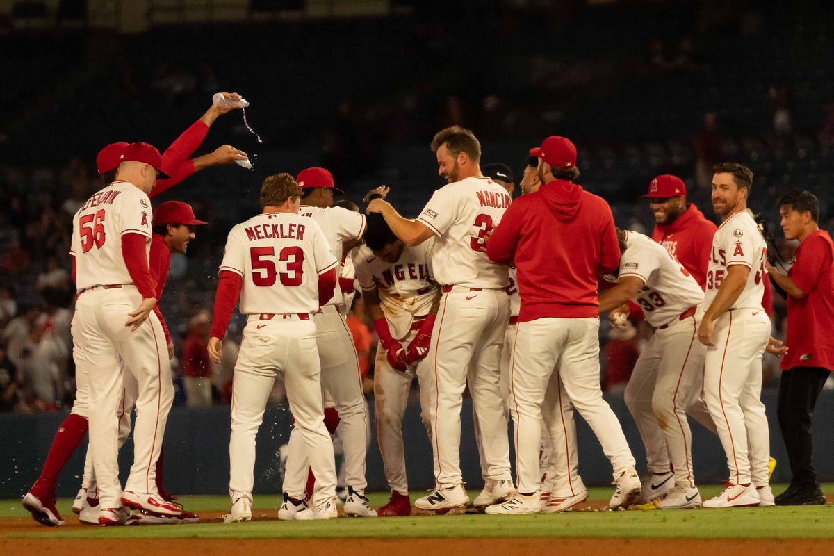 Los Angeles Angels celebrate during the MLB game against the Houston Astros  on Wednesday  June 10th, 2026 at Angel's Stadium in Anaheim, Calif.