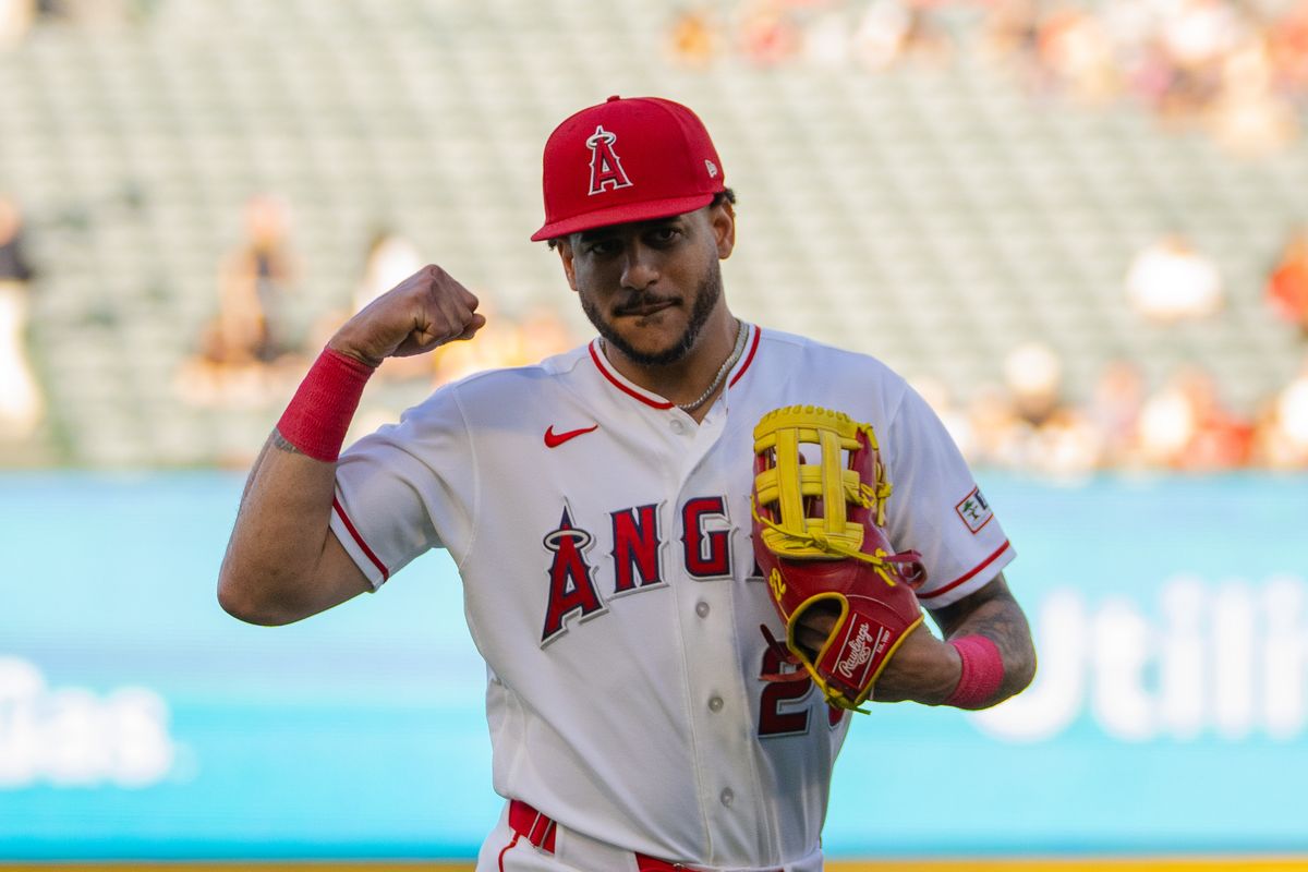 Los Angeles Angels outfielder Jose Siri (28) flexes for the camera during the MLB game against the Houston Astros  on Wednesday  June 10th, 2026 at Angel's Stadium in Anaheim, Calif.