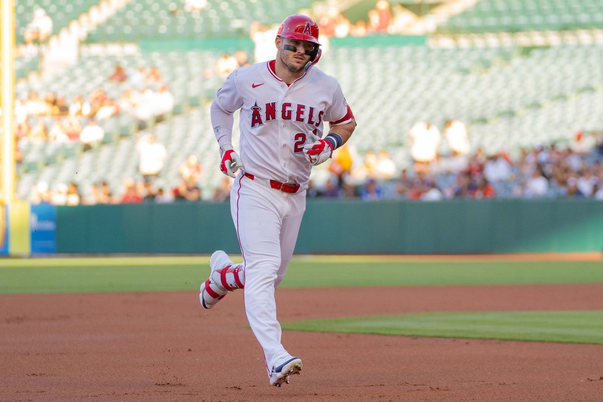 Los Angeles Angels outfielder Mike Trout (27) runs during the MLB game against the Houston Astros  on Wednesday  June 10th, 2026 at Angel's Stadium in Anaheim, Calif.