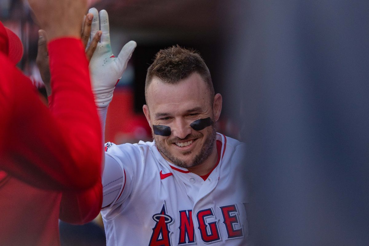 Los Angeles Angels outfielder Mike Trout (27) celebrates in the dugout during the MLB game against the Houston Astros  on Wednesday  June 10th, 2026 at Angel's Stadium in Anaheim, Calif.