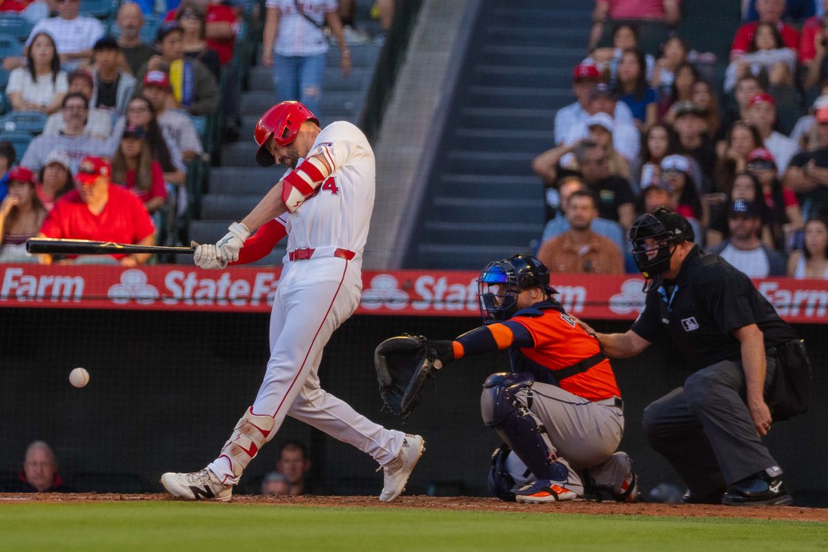 Los Angeles Angels infielder Trey Mancini  (34) takes an attempt at bat during the MLB game against the Houston Astros  on Wednesday  June 10th, 2026 at Angel's Stadium in Anaheim, Calif.