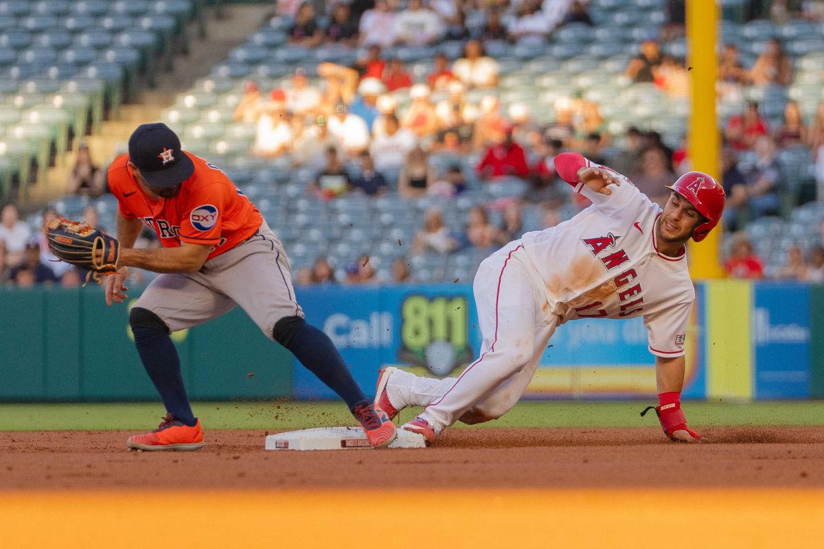 Los Angeles Angels infielder Nick Madrigal (17) slides for a base during the MLB game against the Houston Astros  on Wednesday  June 10th, 2026 at Angel's Stadium in Anaheim, Calif.