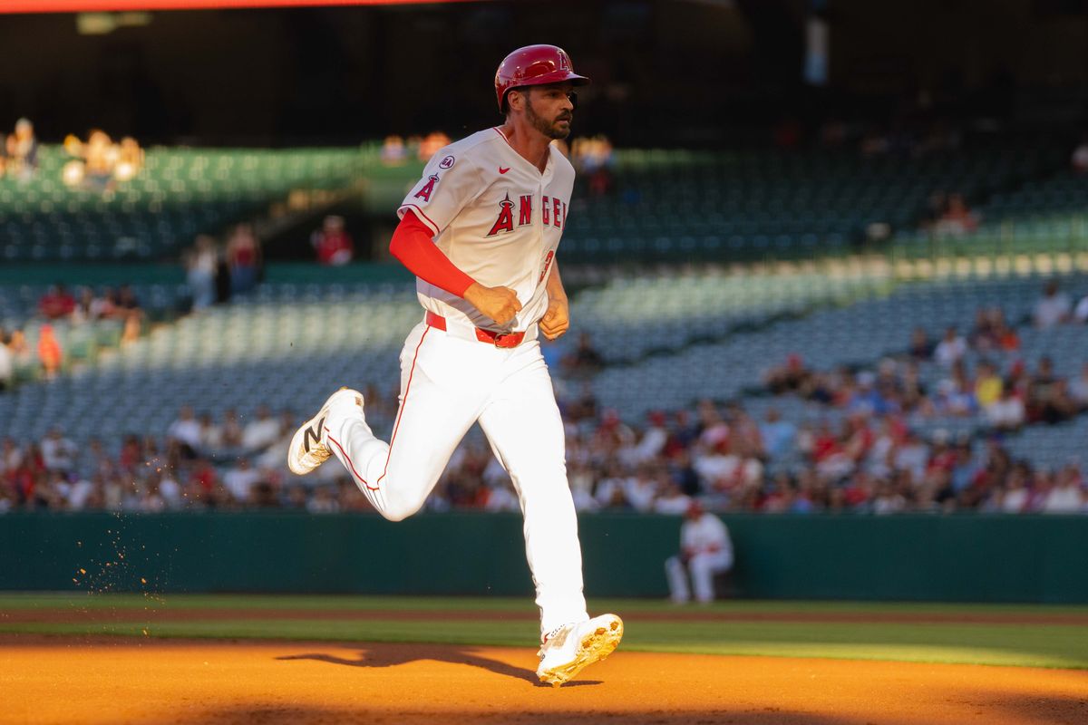 Los Angeles Angels infielder Trey Mancini  (34) runs during the MLB game against the Houston Astros  on Wednesday  June 10th, 2026 at Angel's Stadium in Anaheim, Calif.