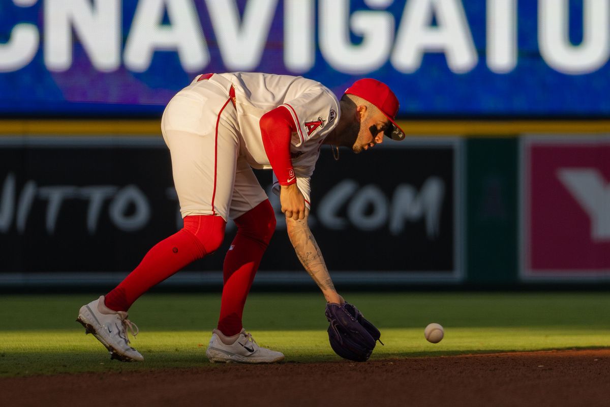 Los Angeles Angels infielder Zach Neto (9) catches the ball during the MLB game against the Houston Astros  on Wednesday  June 10th, 2026 at Angel's Stadium in Anaheim, Calif.