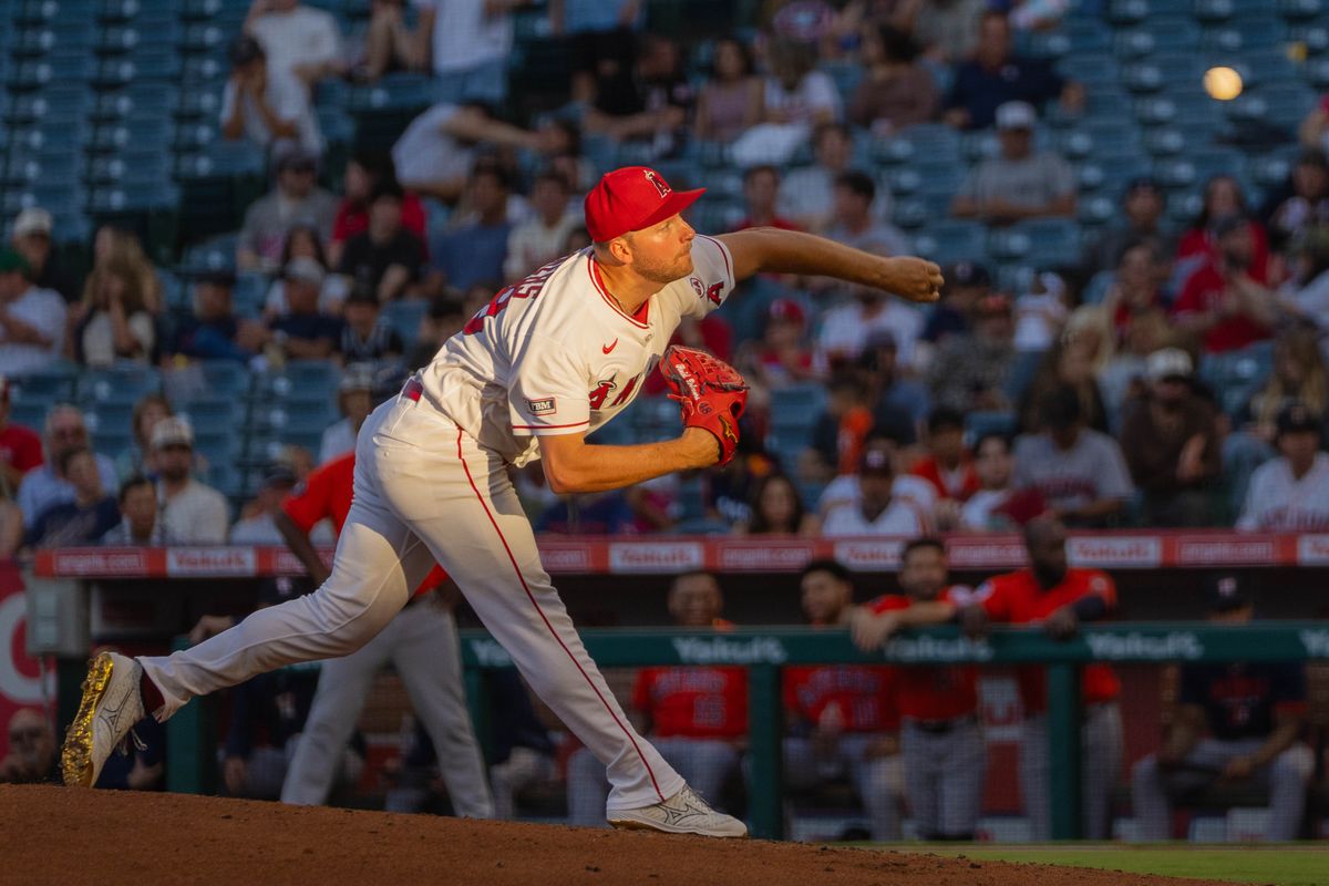 Los Angeles Angels pitcher Reid Detmers  (48) throws the ball during the MLB game against the Houston Astros  on Wednesday  June 10th, 2026 at Angel's Stadium in Anaheim, Calif.