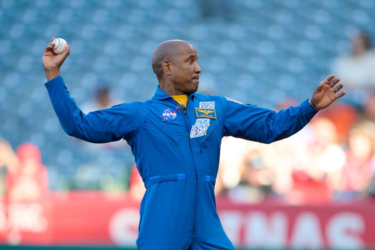 The Artomis II Astronaut Victor Glover throws the first pitch during a Los Angeles Angels MLB game against The Tampa Bay Rays on June 12th, 2026 at Angel Stadium in Anaheim, California. The Artomis II Astronaut Victor Glover throws the first pitch during a Los Angeles Angels MLB game against The Tampa Bay Rays on June 12th, 2026 at Angel Stadium in Anaheim, California.