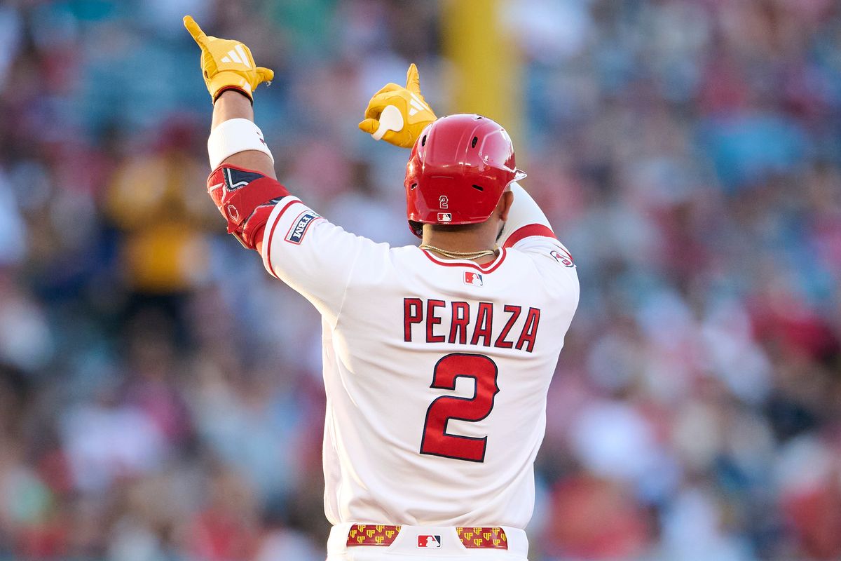 The Los Angeles Angels Oswald Peraza #2 hits a double during an MLB game against The Tampa Bay Rays on June 12th, 2026 at Angel Stadium in Anaheim, California. The Los Angeles Angels Oswald Peraza #2 hits a double during an MLB game against The Tampa Bay Rays on June 12th, 2026 at Angel Stadium in Anaheim, California.