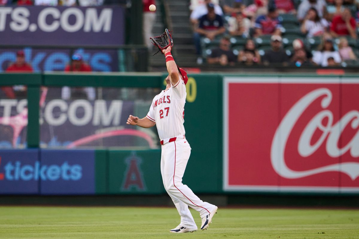 The Los Angeles Angels Mike Trout #27 catches a fly ball during an MLB game against The Tampa Bay Rays on June 12th, 2026 at Angel Stadium in Anaheim, California. The Los Angeles Angels Mike Trout #27 catches a fly ball during an MLB game against The Tampa Bay Rays on June 12th, 2026 at Angel Stadium in Anaheim, California.