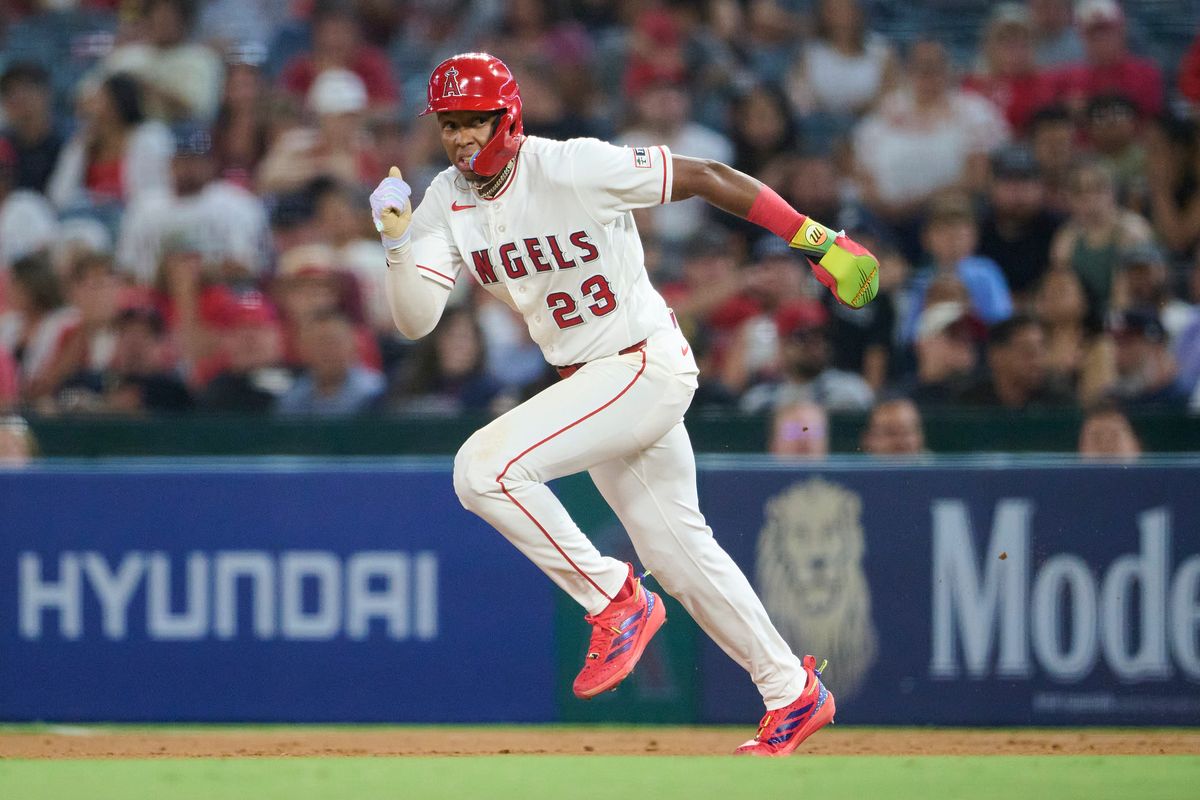 The Los Angeles Angels Denzer Guzman #23 runs to second base during an MLB game against The Tampa Bay Rays on June 12th, 2026 at Angel Stadium in Anaheim, California. The Los Angeles Angels Denzer Guzman #23 runs to second base during an MLB game against The Tampa Bay Rays on June 12th, 2026 at Angel Stadium in Anaheim, California.
