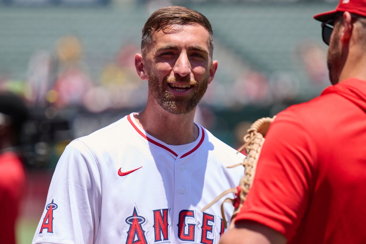USMNT goal keeper Matt Turner #1 throws the first pitch during an MLB game featuring The Los Angeles Angels against The Tampa Bay Rays on June 14th, 2026 at Angel Stadium in Anaheim, California.