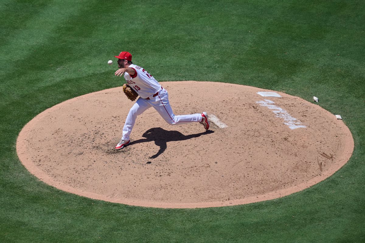 The Los Angeles Drew Pomeranz #13 pitches during an MLB game against The Tampa Bay Rays on June 14th, 2026 at Angel Stadium in Anaheim, California.
