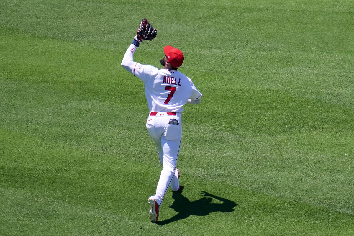 The Los Angeles Angels Jo Adell #7 Catches a fly ball during an MLB game against The Tampa Bay Rays on June 14th, 2026 at Angel Stadium in Anaheim, California.