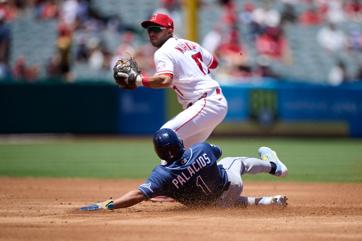 The Los Angeles Angels Nick Madrigal #17 plays second base during an MLB game against The Tampa Bay Rays on June 14th, 2026 at Angel Stadium in Anaheim, California.