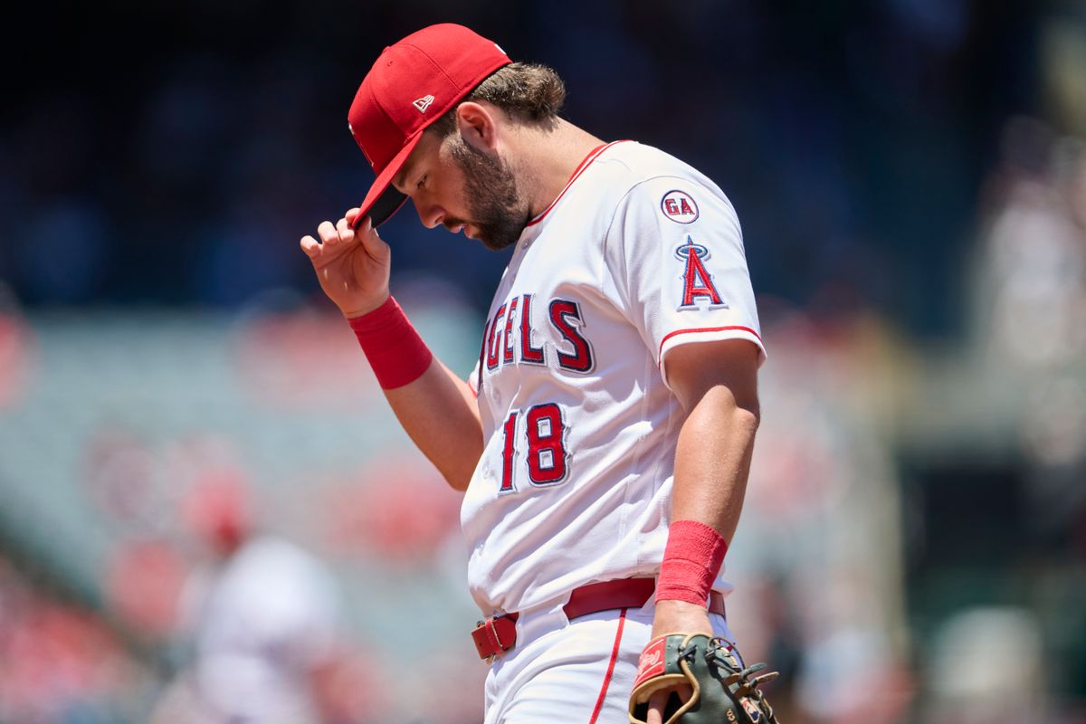 The Los Angeles Angels Nolan Schanuel #18 plays first base during an MLB game against The Tampa Bay Rays on June 14th, 2026 at Angel Stadium in Anaheim, California.