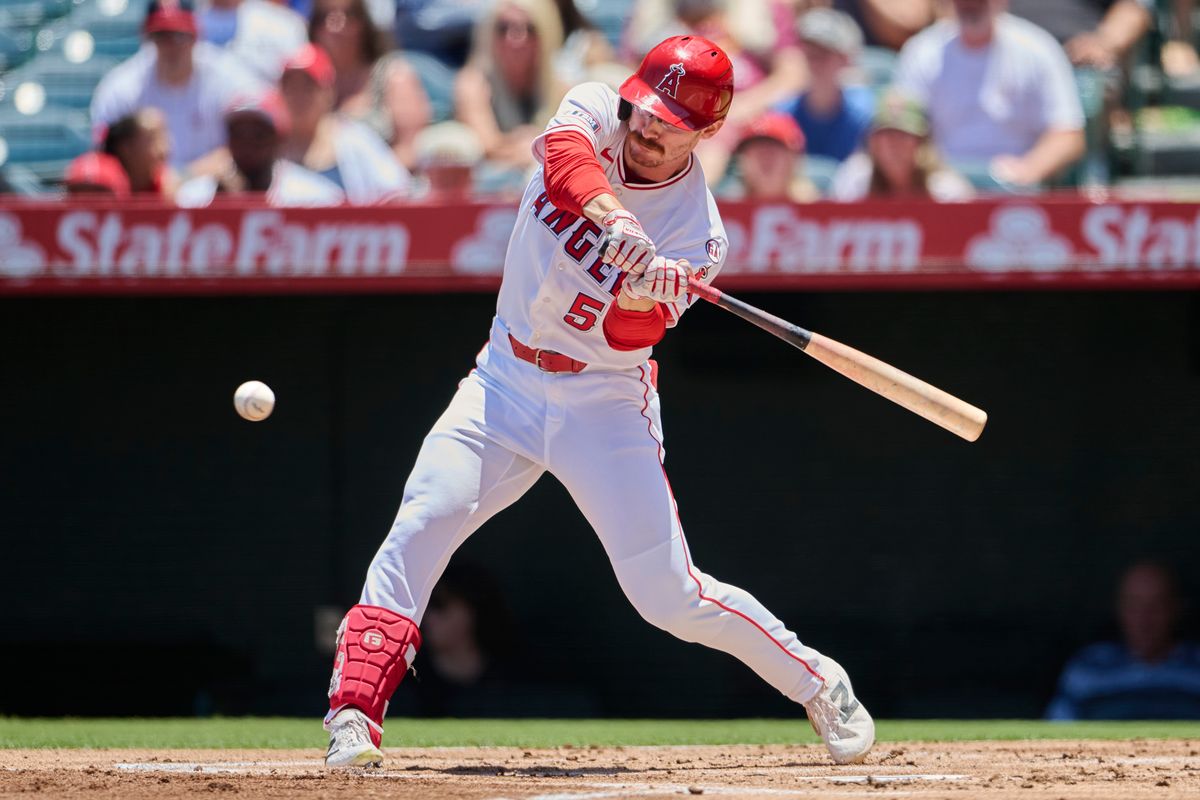 The Los Angeles Angels Wade Meckler #53 at bat during an MLB game against The Tampa Bay Rays on June 14th, 2026 at Angel Stadium in Anaheim, California.