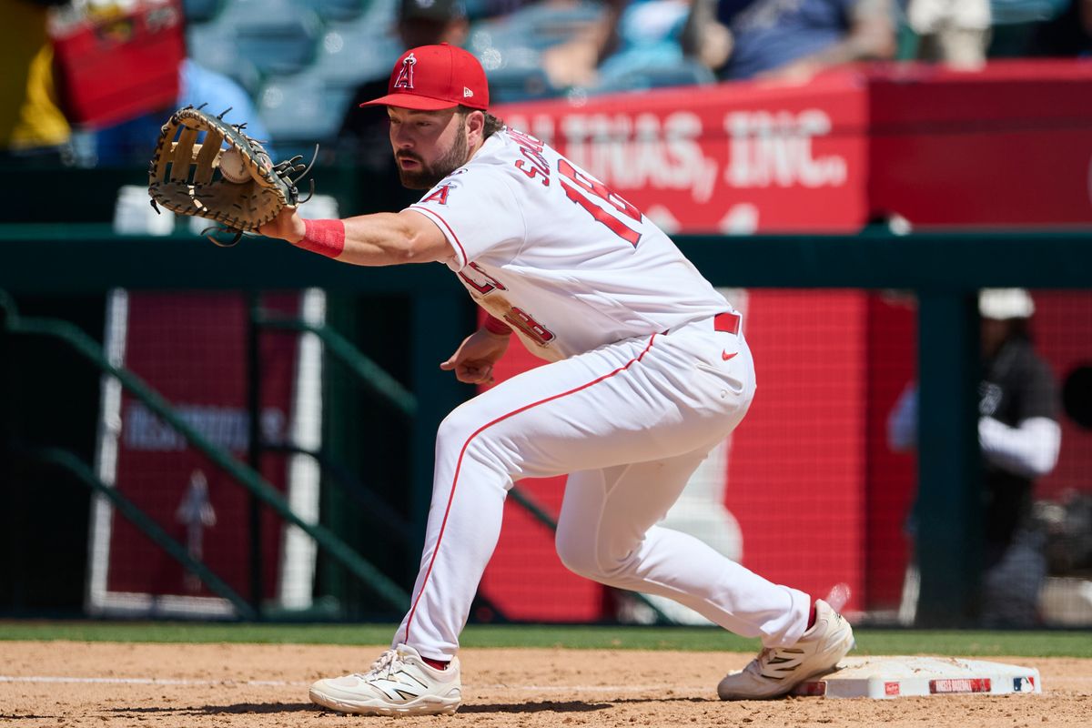 The Los Angeles Angels Nolan Schanuel #18 plays first base during an MLB game against The Tampa Bay Rays on June 14th, 2026 at Angel Stadium in Anaheim, California.