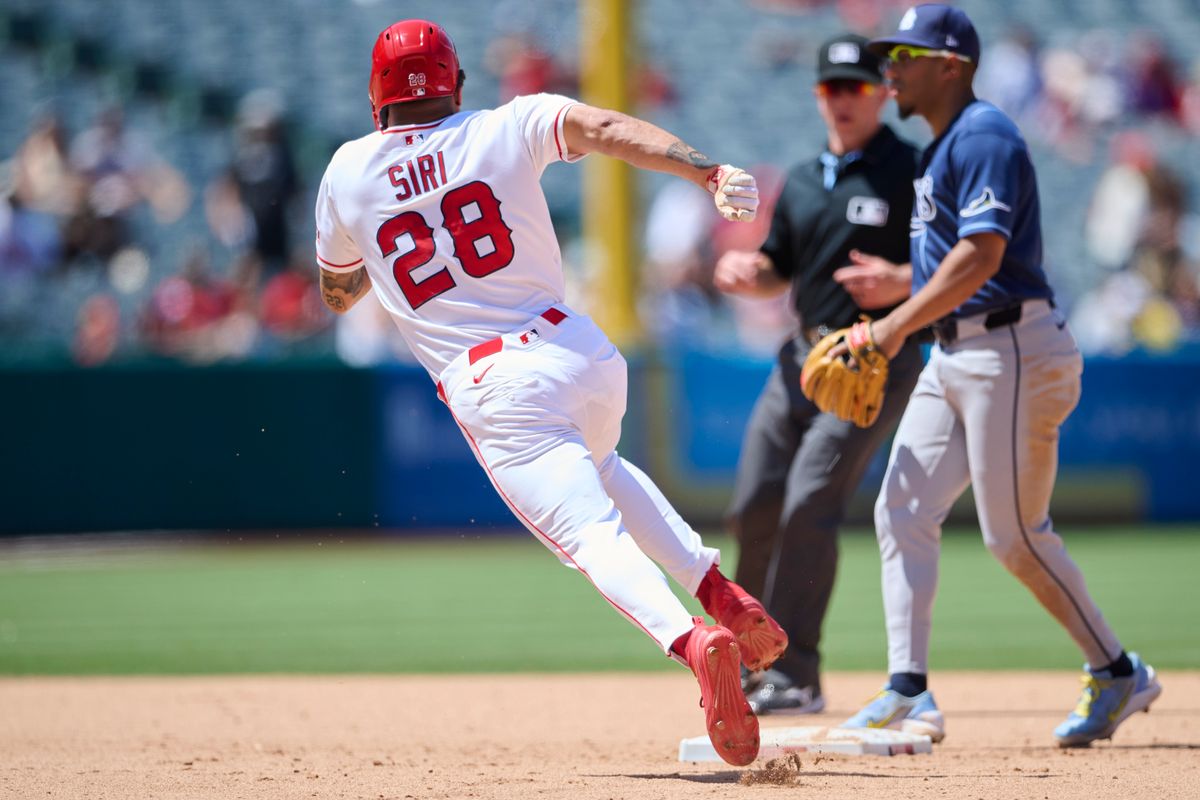 The Los Angeles Angels Jose Siri #28 rounds second base during an MLB game against The Tampa Bay Rays on June 14th, 2026 at Angel Stadium in Anaheim, California.