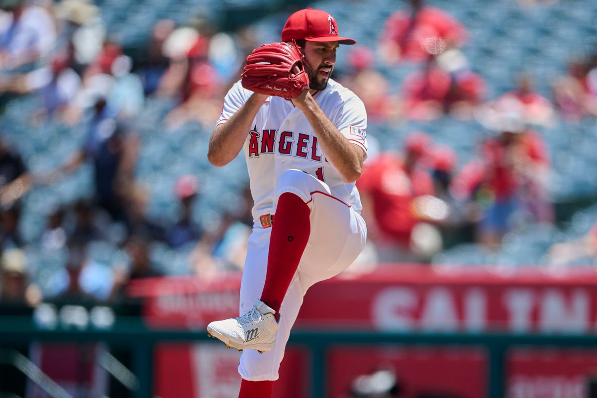 The Los Angeles Angels Grayson Rodriguez #21 pitches during an MLB game against The Tampa Bay Rays on June 14th, 2026 at Angel Stadium in Anaheim, California.