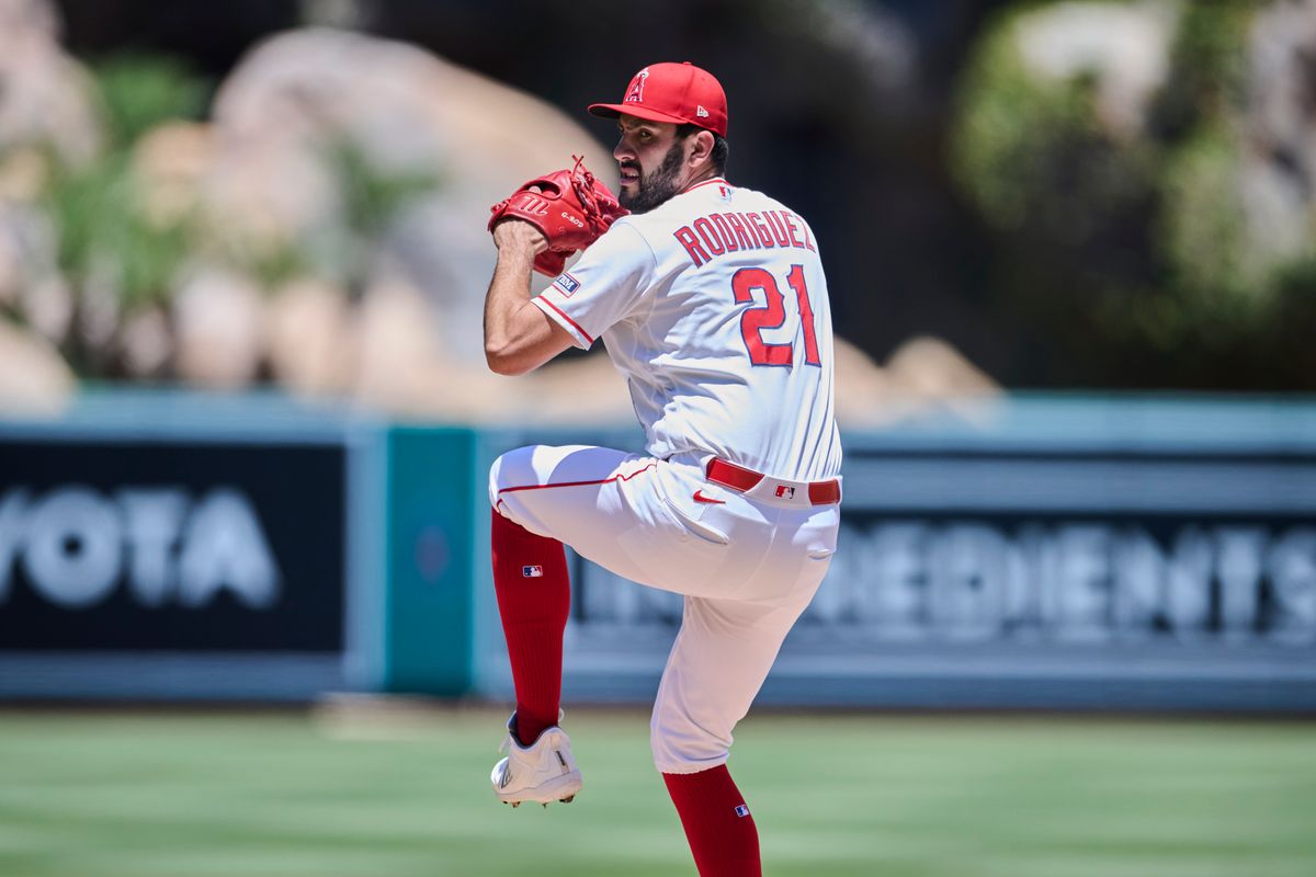 The Los Angeles Angels Grayson Rodriguez #21 pitches during an MLB game against The Tampa Bay Rays on June 14th, 2026 at Angel Stadium in Anaheim, California.
