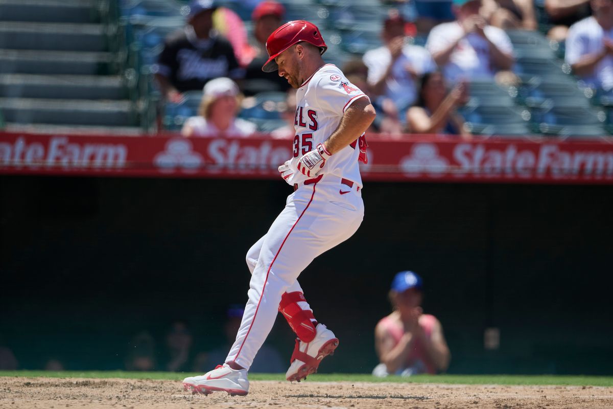 The Los Angeles Angels Donovan Walton #35 hits a home run during an MLB game against The Tampa Bay Rays on June 14th, 2026 at Angel Stadium in Anaheim, California.