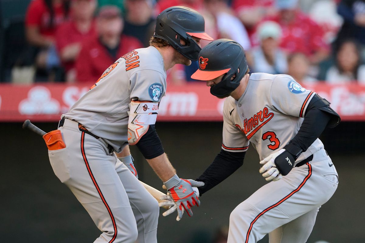 The Baltimore Orioles Taylor Ward #3 celebrates a home run during an MLB game against The Anaheim Angels on June 22nd, 2026 at Angel Stadium in Anaheim, California.