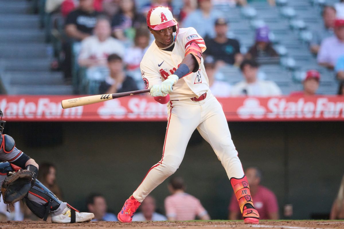 The Los Angeles Angels Denzer Guzman #23 at bat during an MLB game against The Baltimore Orioles on June 22nd, 2026 at Angel Stadium in Anaheim, California.