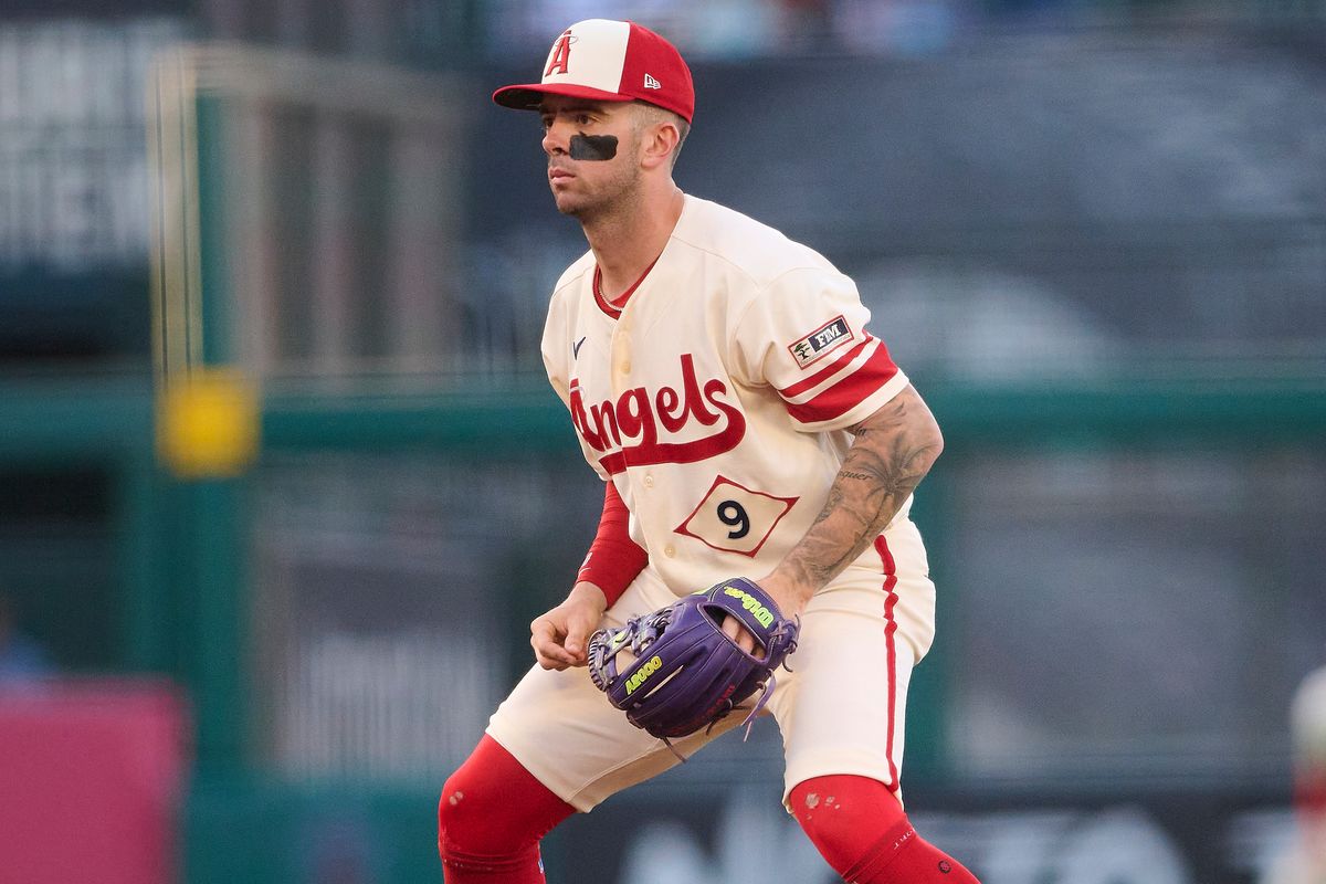 The Los Angeles Angels Zach Neto #9 plays short stop during an MLB game against The Baltimore Orioles on June 22nd, 2026 at Angel Stadium in Anaheim, California.