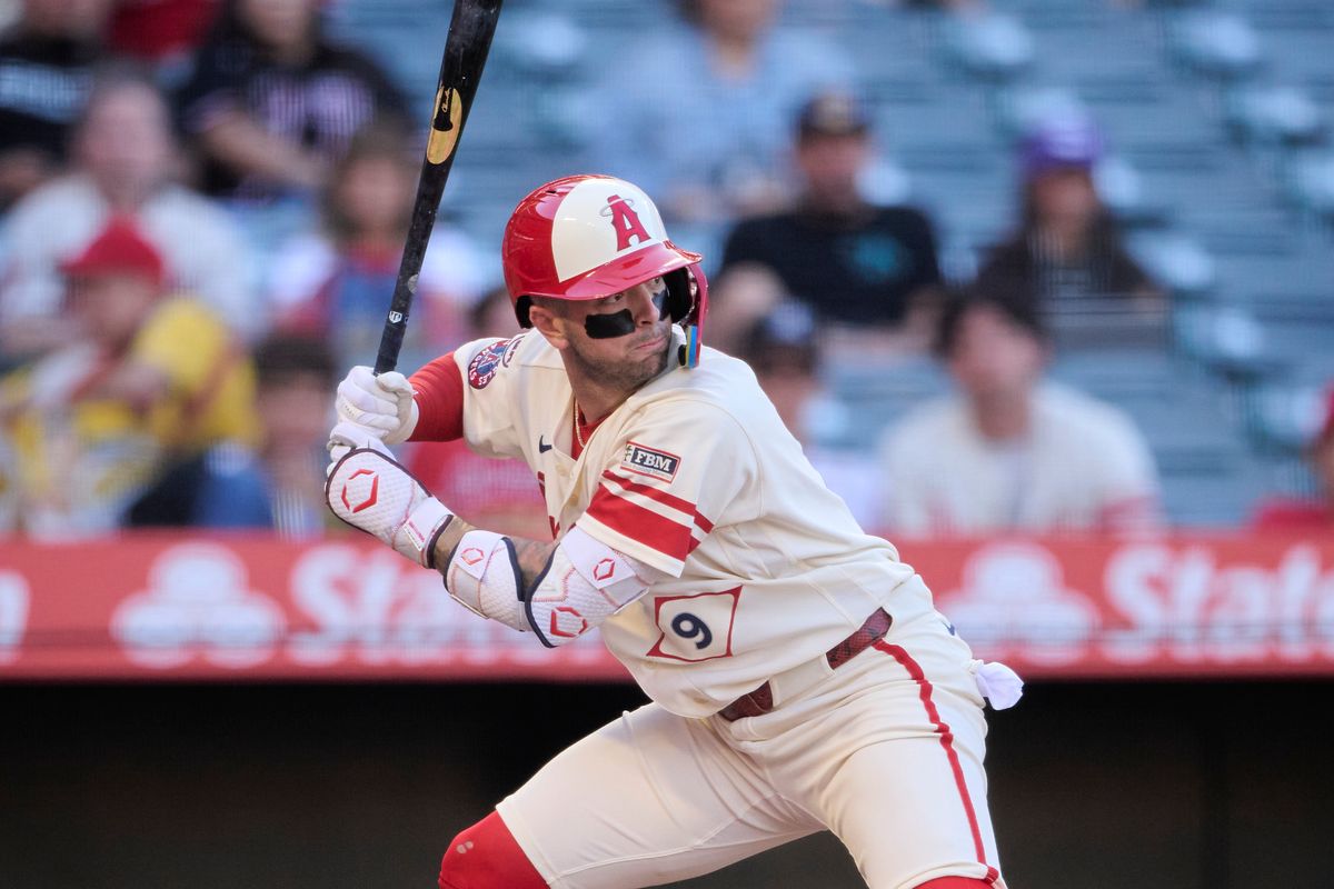 The Los Angeles Angels Zach Neto #9 at bat during an MLB game against The Baltimore Orioles on June 22nd, 2026 at Angel Stadium in Anaheim, California.