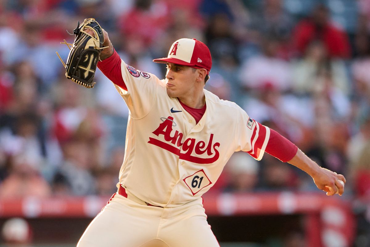 The Los Angeles Angels Sam Aldegheri #61 pitches during an MLB game against The Baltimore Orioles on June 22nd, 2026 at Angel Stadium in Anaheim, California.