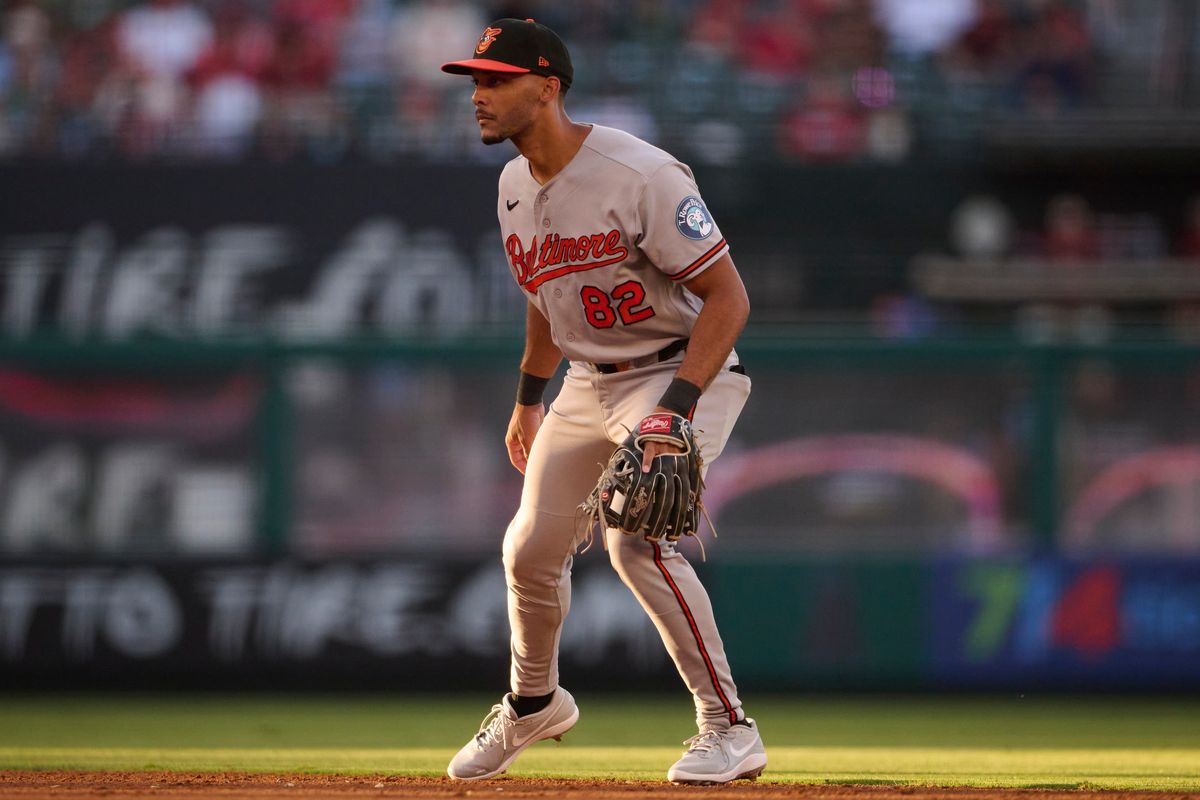 The Baltimore Orioles Jeremiah Jackson #82 plays second base during an MLB game against The Anaheim Angels on June 22nd, 2026 at Angel Stadium in Anaheim, California.