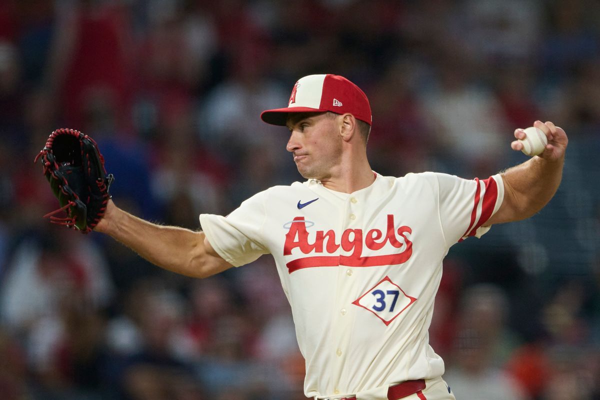 The Los Angeles Angels Brent Suter #37 pitches during an MLB game against The Baltimore Orioles on June 22nd, 2026 at Angel Stadium in Anaheim, California.