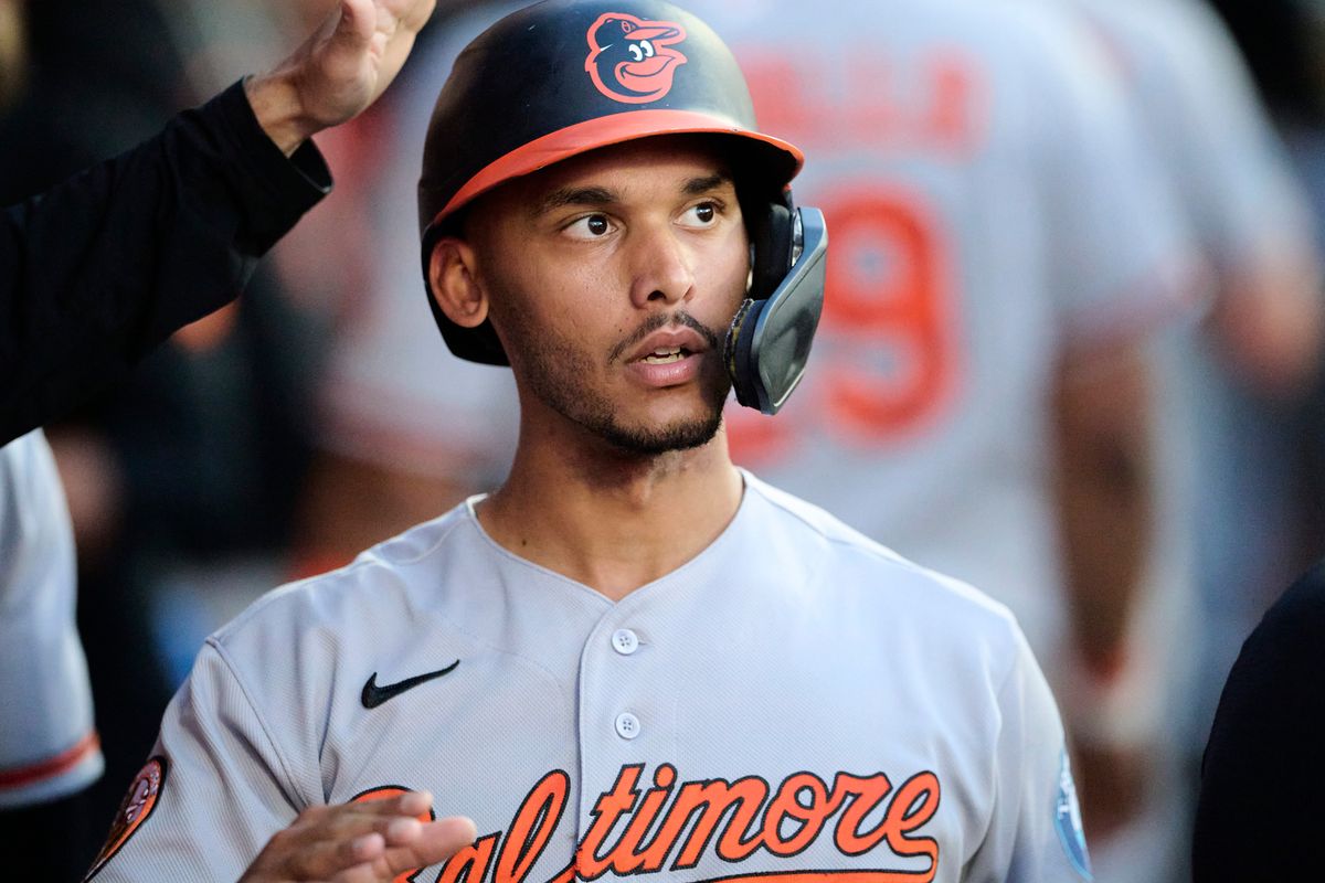 The Baltimore Orioles Jeremiah Jackson #82 celebrates a run during an MLB game against The Anaheim Angels on June 22nd, 2026 at Angel Stadium in Anaheim, California.