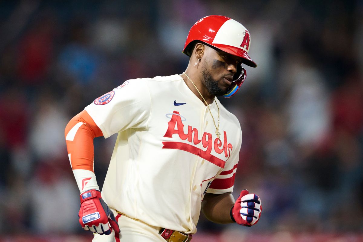 The Los Angeles Angels Jorge Soler #12 hits a home run during an MLB game against The Baltimore Orioles on June 22nd, 2026 at Angel Stadium in Anaheim, California.