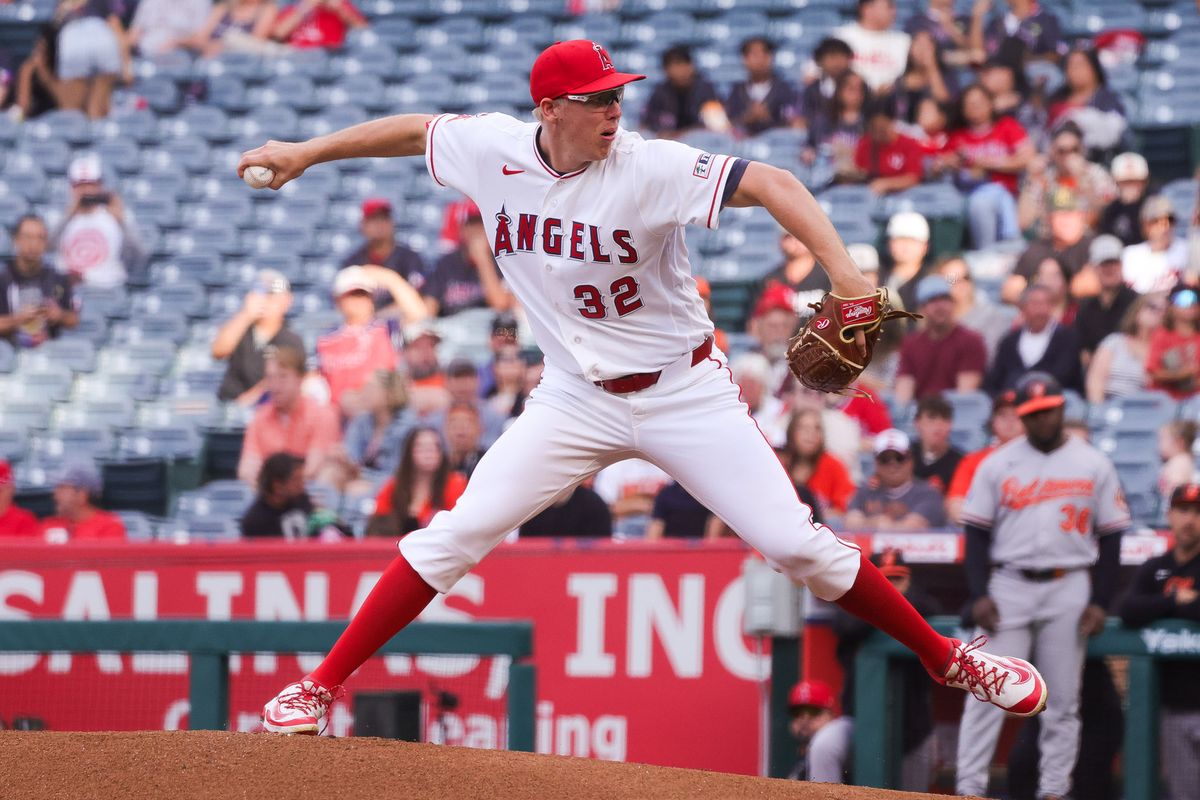 Los Angeles Angels right-handed pitcher Ryan Johnson (32) pitches during the MLB game against the Baltimore Orioles Tuesday June 23rd, 2026 at Angel Stadium in Anaheim, Calif. Los Angeles Angels right-handed pitcher Ryan Johnson (32) pitches during the MLB game against the Baltimore Orioles Tuesday June 23rd, 2026 at Angel Stadium in Anaheim, Calif.