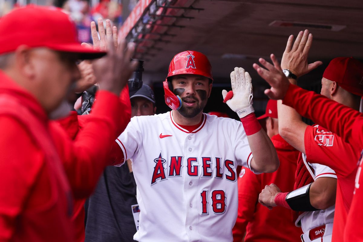 Los Angeles Angels infielder Nolan Schanuel (18) celebrates in the dugout after hitting a home run during the MLB game against the Baltimore Orioles Tuesday June 23rd, 2026 at Angel Stadium in Anaheim, Calif. Los Angeles Angels infielder Nolan Schanuel (18) celebrates in the dugout after hitting a home run during the MLB game against the Baltimore Orioles Tuesday June 23rd, 2026 at Angel Stadium in Anaheim, Calif.